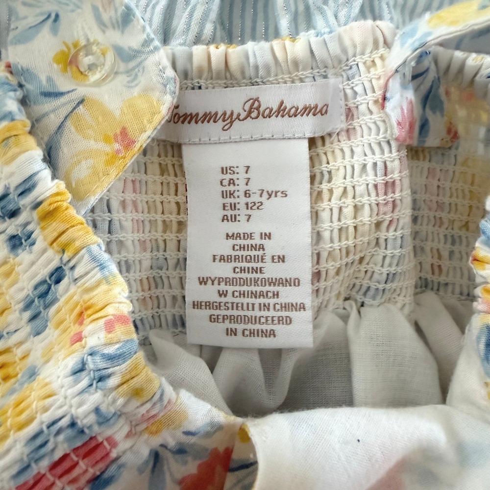 Tommy Bahama Girls Floral Seersucker Tiered Lace Dress 7 Blue Yellow Cottagecore - Picture 6 of 8